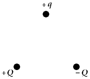   Three charges +q, +Q, and -Q are placed at the corners of an equilateral triangle as shown. The net force on charge +q due to the other two charges is A)  vertically up. B)  vertically down. C)  zero. D)  horizontal to the left. E)  horizontal to the right.