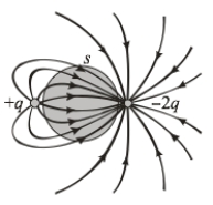   The figure shows a surface, S, with two charges q and -2q. The net flux through the surface is A)  q/ϵ<sub>0</sub>. B)  -2q/ϵ<sub>0</sub>. C)  -q/ϵ<sub>0</sub>. D)  zero. E)  None of these is correct.