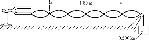   A string is connected to a tuning fork whose frequency is 80.0 Hz and is held under tension by 0.500 kg. The tuning fork causes the string to vibrate as shown. The mass per unit length for the string is A)  9.45  10<sup>-</sup><sup>4</sup> kg/m. B)  6.80  10<sup>-</sup><sup>3</sup> kg/m. C)  4.34 kg/m. D)  6.00  10<sup>-</sup><sup>3</sup> kg/m. E)  3.85  10<sup>-</sup><sup>2</sup> kg/m.