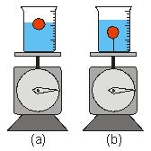   Two identical beakers are filled with the same amount of water. A ball of mass m is placed in the first beaker so that it floats on the surface while a second identical ball is placed in the second beaker but tied with a string of negligible mass so that the ball is completely submerged. Each beaker is then placed on a scale. Which scale has a higher reading? A)  a B)  b C)  the same D)  depends on how deep the ball is submerged in b E)  depends on the mass of the ball