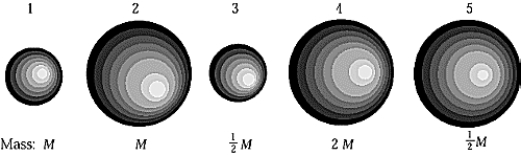   Five homogeneous planets have relative masses and sizes as shown in the figure. A body of mass m would weigh least on which planet? A)  1 B)  2 C)  3 D)  4 E)  5