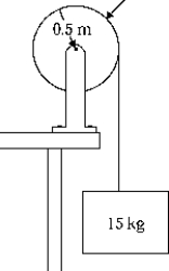   The moment of inertia of the wheel in the figure is 0.50 kg • m2, and the bearing is frictionless. The acceleration of the 15-kg mass is approximately A)  9.8 m/s<sup>2</sup>.<sup> </sup> B)  8.7 m/s<sup>2</sup>.<sup> </sup> C)  74 m/s<sup>2</sup>.<sup> </sup> D)  16 m/s<sup>2</sup>.<sup> </sup> E)  0.53 m/s<sup>2</sup>.<sup> </sup>