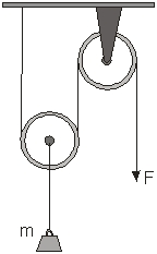   A light rope runs through two frictionless pulleys of negligible mass. A mass, m, is hung from one of the pulleys and a force, F, is applied to one end of the rope so that the mass moves at a constant speed. What is the force needed to move the mass at a constant speed? A)  0 B)  mg C)  Mg D)  2mg E)  4mg