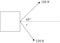   Two parents moving into a new house attempt to pull a large crate down a large hallway. One parent applies a force of magnitude 150 N directed 45 degrees to the direction of motion, while the other parent applies a force of 120 N on the other side of the direction of motion. If they move the crate 15 m and perform work at 2.6 kJ, at what angle to the direction of motion did the second parent pull on the crate? A)  54 degrees B)  30 degrees C)  60 degrees D)  34 degrees E)  56 degrees