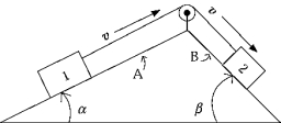    The system in the figure is moving with constant speed v to the right on a stationary ramp. The system will accelerate to the right if A)  angle  \beta  is increased. B)  angle  \alpha  is increased. C)  coefficient of friction µ<sub>k</sub> for surface A is increased. D)  coefficient of friction µ<sub>k</sub> for surface B is increased. E)  normal force on block 2 is increased. 