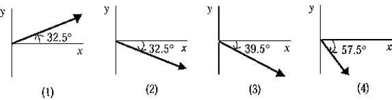 A velocity vector has an x component of +5.5 m/s and a y component of -3.5 m/s.   The diagram that gives the direction of the vector is A)  1) . B)  2) . C)  3) . D)  4) . E)  None of these is correct.