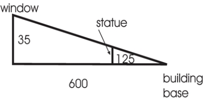 Your office window is 35 feet high.Looking out your window, you find that the top of a statue lines up exactly with the bottom of a building that is 600 horizontal feet from your office, as is shown in the figure below.The statue is 125 horizontal feet from the building.How tall is the statue?   A)  6.48 feet B)  9.71 feet C)  7.29 feet D)  10 feet