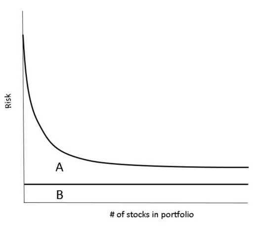 What type of risk is exhibited in section A of the graph?   A)  Systematic risk. B)  Unsystematic risk. C)  Political risk. D)  Correlation risk. E)  Stock risk.