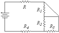 Which two resistors are in parallel with each other?   A)  R<sub>2</sub> and R<sub>3</sub> B)  R and R<sub>1</sub> C)  R<sub>2</sub> and R<sub>4</sub> D)  R and R<sub>4</sub>