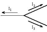<strong>What is Kirchhoff's 1st equation for this junction? </strong> A) I<sub>1</sub> + I<sub>2</sub> + I<sub>3</sub> = 0 B) I<sub>2</sub> = I<sub>1</sub>+ I<sub>2</sub> C) I<sub>3</sub> = I<sub>1</sub> + I<sub>2</sub> D) I<sub>1</sub> = I<sub>2</sub> + I<sub>3</sub>