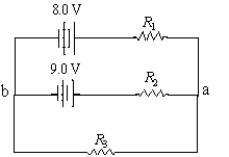 If I<sub>1</sub> goes to the right through R<sub>1</sub>, I<sub>2</sub> goes to the right through R<sub>2</sub>, and I<sub>3</sub> goes to the left through R<sub>3</sub>, what is the resulting equation resulting from applying Kirchhoff's loop rule for a clockwise loop around the perimeter of the circuit?   A)  8.0 V - I<sub>1</sub>R<sub>1</sub> + I<sub>3</sub>R<sub>3</sub> = 0 B)  8.0 V - I<sub>1</sub>R<sub>1</sub> - I<sub>3</sub>R<sub>3</sub> = 0 C)  8.0 V + I<sub>1</sub>R<sub>1</sub> + I<sub>3</sub>R<sub>3</sub> = 0 D)  -8.0 V - I<sub>1</sub>R<sub>1</sub> + I<sub>3</sub>R<sub>3</sub> = 0