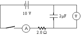  A 10-V battery is connected in series with the following: a 2- \mu F capacitor, a 2- \Omega  resistor, an ammeter, and a switch, initially open; a voltmeter is connected in parallel across the capacitor. After the switch has been closed for a relatively long period (several seconds, say) , what are the current and capacitor voltage readings, respectively?   A)  5 A, zero V B)  zero A, zero V C)  zero A, 10 V D)  5 A, 10 V 