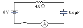  A circuit contains a 6.0-V battery, a 4.0- \Omega resistor, a 0.60-µF capacitor, an ammeter, and a switch in series. What will be the charge on the capacitor 10 min after the switch is closed?   A)  2.4  \mu C B)  zero C)  3.6  \mu C D)  0.10  \mu C 
