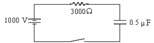  A 1000-V battery, a 3000- \Omega  resistor, and a 0.50- \mu F capacitor are connected in series with a switch. The time constant for such a circuit, designated by the Greek letter,    \tau  , is defined as the time that the capacitor takes to charge to 63% of its capacity after the switch is closed. What is the current in the circuit at a time interval of    \tau   seconds after the switch has been closed?   A)  0.14 A B)  0.12 A C)  0.32 A D)  0.21 A 