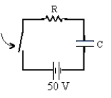 A series RC circuit has a time constant of 1.5 s. The battery has a voltage of 50 V and the maximum current just after closing the switch is 500 mA. The capacitor is initially uncharged. What is the charge on the capacitor 3.0 s after the switch is closed?   A)  0.48 C B)  0.86 C C)  0.43 C D)  0.99 C