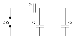  If C<sub>1 </sub>= 25 µF, C<sub>2</sub> = 20 µF, C<sub>3</sub> = 10 µF, and  \Delta V<sub>0</sub> = 42 V, determine the energy stored by C<sub>3</sub>.   A)  3.6 mJ B)  0.32 mJ C)  1.8 mJ D)  0.40 mJ 