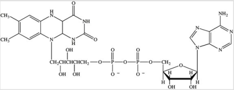 The structure of flavin adenine dinucleotide (FAD)is shown here.  