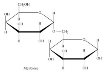 Melibiose is a carbohydrate found in some plant juices. Which statement concerning melibiose is incorrect?   A) It is a disaccharide. B) It is composed of two different monosaccharides. C) It contains both an acetal and a hemiacetal. D) It contains a 1→5-α-glycosidic linkage.