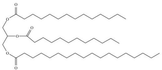 The compound below is a mixed triacylglycerol formed from lauric,myristic,and linoleic acids.  