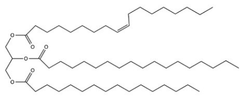 The compound below is a mixed triacylglycerol formed from oleic,stearic,and palmitic acids.  