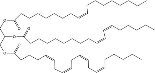 The triacylglycerol shown below is expected to be a liquid at room temperature.  