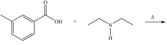 The active ingredient in many insect repellants is the amide N,N-diethyl-m-toluamide,also known as DEET. DEET is formed by the reaction between the carboxylic acid and amine shown below. What is the structure of DEET?   A)    B)    C)    D)   