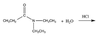 Hydrolysis of amides is an important reaction because it represents the first step in the digestion of dietary protein. Which of the following compounds is formed as a result of the hydrolysis of N,N-diethylpropanamide as shown below?   A)    B)    C)    D)   