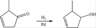 When the compound shown is treated with H<sub>2</sub> and a Pd catalyst,the indicated product is formed.  
