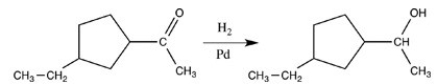 When the compound shown is treated with H<sub>2</sub> and a Pd catalyst,the indicated product is formed.  