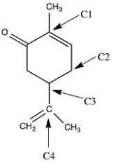 Carvone,shown below,is a chiral compound that exists as a pair of enantiomers. One enantiomer has the odor of caraway,and the other enantiomer has the odor of spearmint. Identify the chirality center(s) in carvone.   A) C1 B) C2 C) C3 D) C4 E) C1 and C3