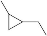 What is the IUPAC name of this compound?   A) Ethyl-methyl-cyclopropane B) Ethyl-2-methylcyclobutane C) 1-ethyl-2-methylcyclobutane D) 1-ethyl-2-methylcyclopropane E) Ethyl-2-methylcyclotriane