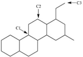 What is the classification of each labeled carbon atom in this structure?   A) C1 is a 1°,C2 is 2°,and C3 is a 3°. B) C1 is a 2°,C2 is 1°,and C3 is a 3°. C) C1 is a 3°,C2 is 2°,and C3 is a 1°. D) C1 is a 3°,C2 is 1°,and C3 is a 2°.