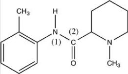 What is the shape around the N (1) atom and around the C (2) atom in the structure of mepivacaine given below?   A) The shape around both N (1) and C (2) is tetrahedral. B) The shape around both N (1) and C (2) is trigonal planar. C) The shape around both N (1) and C (2) is trigonal pyramidal. D) The shape around N(1) is trigonal pyramidal; the shape around C (2) is trigonal planar. E) The shape around N(1) is trigonal planar; the shape around C (2) is trigonal pyramidal.