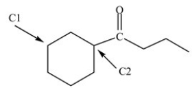 How many hydrogen atoms are bonded to the labeled carbons in the structure below?   A) C1 has 2 hydrogens and C2 has 2 hydrogens. B) C1 has 1 hydrogen and C2 has 0 hydrogens. C) C1 has 2 hydrogens and C2 has 1 hydrogen. D) C1 has 3 hydrogens and C2 has 1 hydrogen.