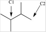 How many hydrogen atoms are bonded to the labeled carbons in the structure below?   A) C1 has 2 hydrogens and C2 has 2 hydrogens. B) C1 has 1 hydrogen and C2 has 3 hydrogens. C) C1 has 2 hydrogens and C2 has 1 hydrogen. D) C1 has 1 hydrogen and C2 has 1 hydrogen.