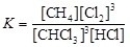 The equilibrium constant expression for the reversible reaction: CHCl<sub>3</sub>(g)+ 3 HCl(g)   CH<sub>4</sub>(g)+ 3 Cl<sub>2</sub>(g)is   .