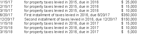 <strong>A city that has a 12/31 fiscal year end has adopted a policy of recognizing property tax revenue consistent with the 60-day rule allowable period under GAAP. Property taxes of $600,000 (of which none are estimated to be uncollectible) are levied in October 2016 to finance the activities of fiscal year 2017. Property taxes are due in two installments June 20 and December 20. Cash collections related to property taxes are as follows: The total amount of property tax revenue that will be recognized in the government-wide financial statements in 2017 is:</strong> A) $600,000. B) $575,000. C) $535,000. D) $525,000.