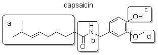 <strong>Capsaicin is responsible for the heat of peppers. It is common practice to fry capsaicin in oil prior to eating. Which part of the capsaicin molecule forms intermolecular attractive force with oil, a nonpolar solvent? </strong> A) a B) b C) c D) d E) All of these interact with oil.