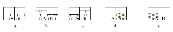 Consider solutions A and B separated by a semipermeable membrane. Which diagram best illustrates what the volumes should look like after osmosis occurs?     A) a B) b C) c D) d E) e