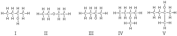 Which of the molecules contain(s)  an ether functional group?   A)  All of these molecules are ethers. B)  Only II is an ether. C)  Molecules II and IV are ethers. D)  Molecules I and V are ethers. E)  All molecules except molecule III are ethers.