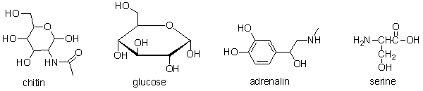 Which of the following molecules contain(s)  a primary alcohol?   A)  chitin and glucose B)  glucose and adrenalin C)  adrenalin and serine D)  chitin, glucose, and serine E)  All of these molecules contain a primary alcohol.