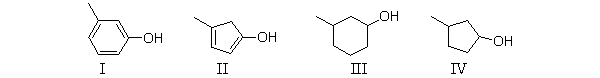 Which of the following structures is 3-methylphenol?   A)  All of these structures are 3-methylphenol. B)  Both I and III are 3-methylphenol. C)  Both II and IV are 3-methylphenol. D)  Only I is 3-methylphenol. E)  Only III is 3-methylphenol.