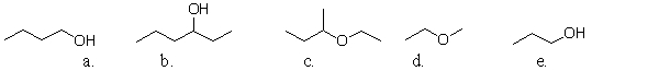Which of these molecules has the lowest boiling point?   A) a B) b C) c D) d E) e