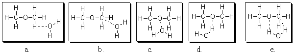 Which of the following diagrams best illustrates the interaction of dimethyl ether with water? Note that dashed lines indicate intermolecular forces of attraction.   A) a B) b C) c D) d E) e