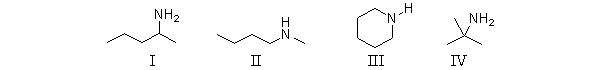 Which of the following molecules is a secondary amine?   A)  All of these molecules are secondary amines. B)  I is the only secondary amine. C)  II is the only secondary amine. D)  I and II are both secondary amines. E)  II and III are both secondary amines.