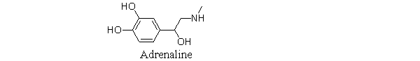 Can adrenaline form hydrogen bonds, and if so, which functional groups are involved?   A)  No, adrenaline is too stable to form hydrogen bonds. B)  No, adrenaline has an aromatic ring that prevents it from forming hydrogen bonds. C)  Yes, the amine hydrogen bonds. D)  Yes, the alcohol hydrogen bonds. E)  Yes, both the alcohol and amine hydrogen bond.