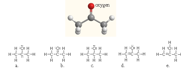 Below is a ball-and-stick model of acetone. Which of the following Lewis structures is acetone? A) a B) b C) c D) d E) e