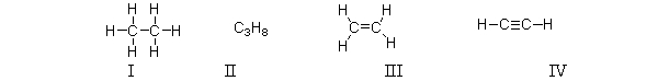 Which of the following compounds is a saturated hydrocarbon?   A)  I only B)  I and II C)  IV only D)  III and IV E)  All of these are saturated hydrocarbons.