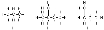 Which of the following structures is a branched-chain hydrocarbon?   A)  I only B)  II only C)  III only D)  I and II E)  II and III