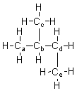 Which carbon is the branching carbon in the following molecule?   A)  a B)  b C)  c D)  d E)  e